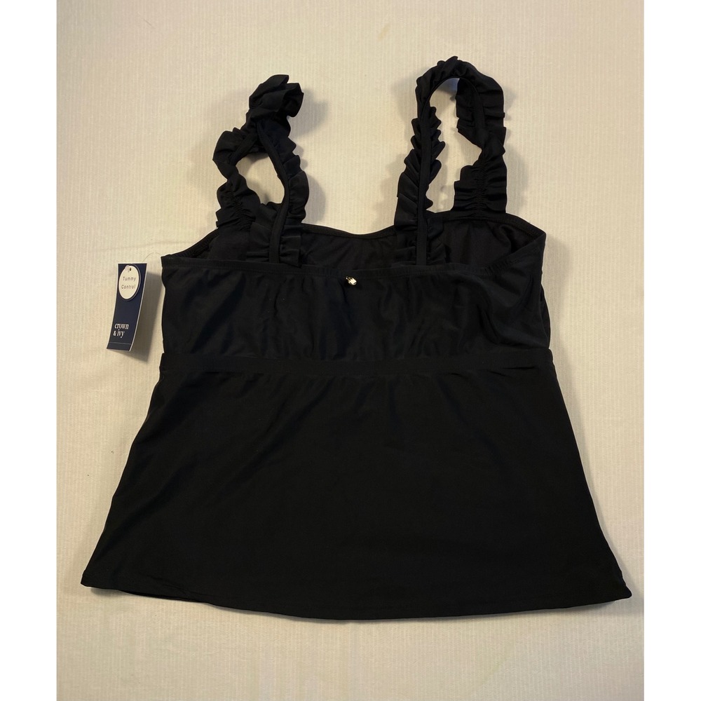 Crown & Ivy Tankini Swim Top 1X Black Ruffle Strap Tummy Control NWT